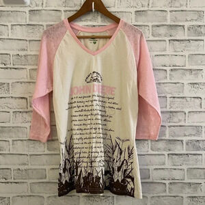 Women’s John Deere Moline IL raglan style crop sleeve cream & pink shirt XL